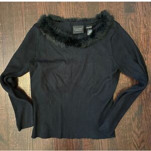 Vintage Axcess Black Faux Fur Trim Longsleeve Top Size Large